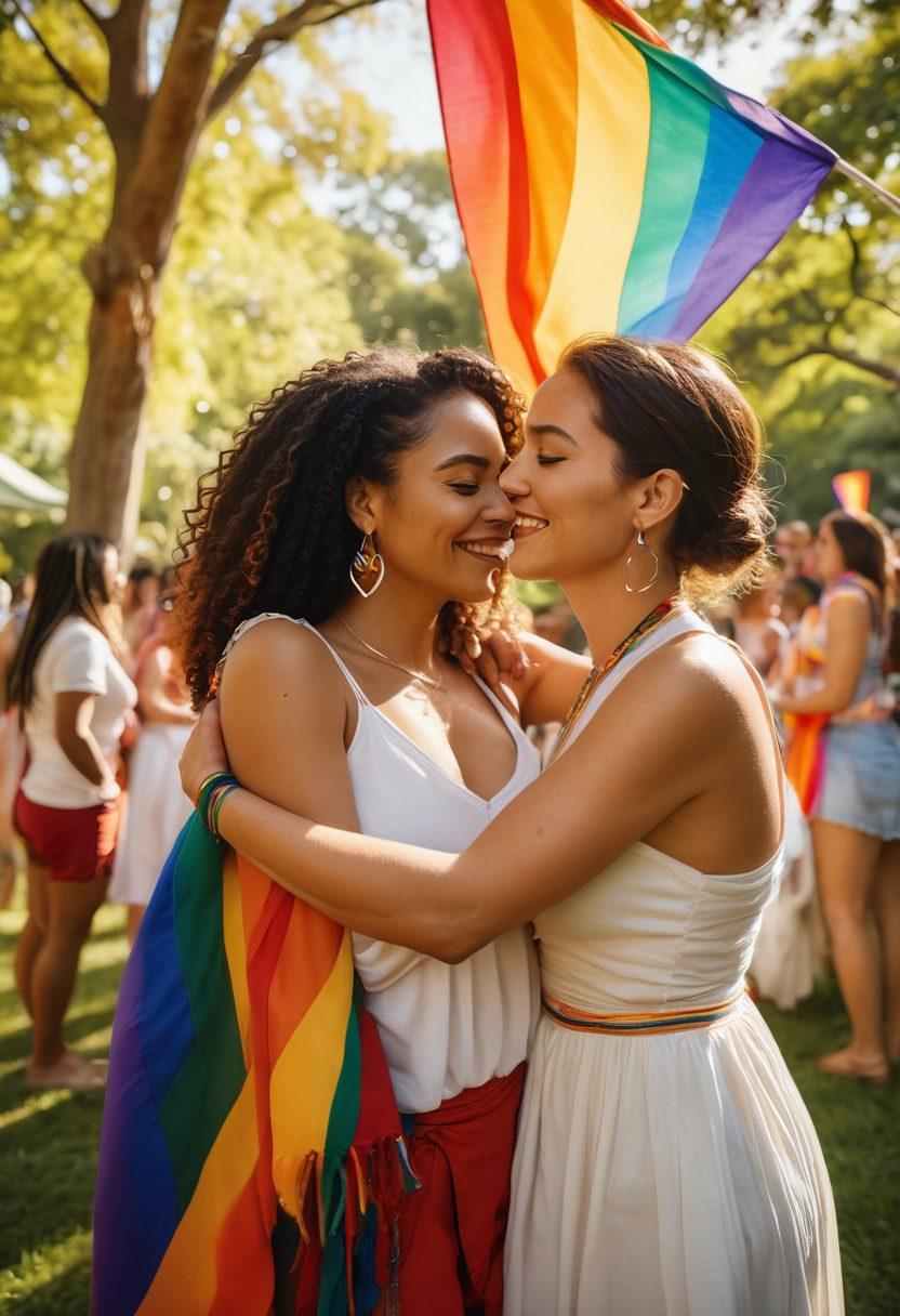 A vibrant gathering of diverse women embracing each other joyfully in a lush park, showcasing different cultures and styles, with rainbow flags and symbols of love in the background. Soft sunlight filtering through the trees creating a warm atmosphere, conveying feelings of support and unity. Lively expressions and body language reflecting connection and empowerment. super-realistic. vibrant colors. warm tones.