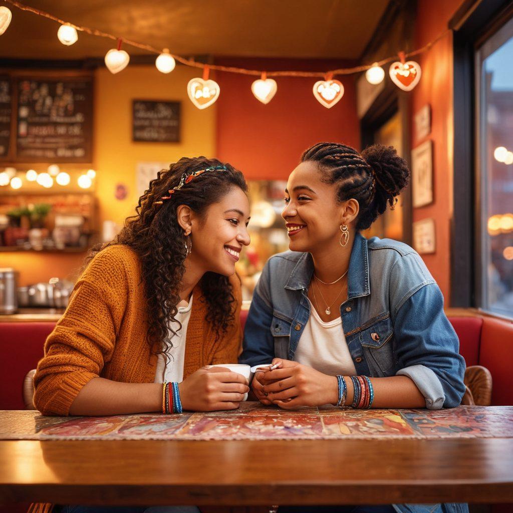 A warm, inviting scene depicting two diverse women sharing a heartwarming moment in a cozy café, surrounded by symbols of love and friendship like heart-shaped decorations and friendship bracelets. The background features a vibrant cityscape, representing community and connection, with soft, warm lighting to create an intimate atmosphere. The women display joy and laughter, emphasizing the theme of building relationships in the lesbian community. super-realistic. vibrant colors. warm tones.