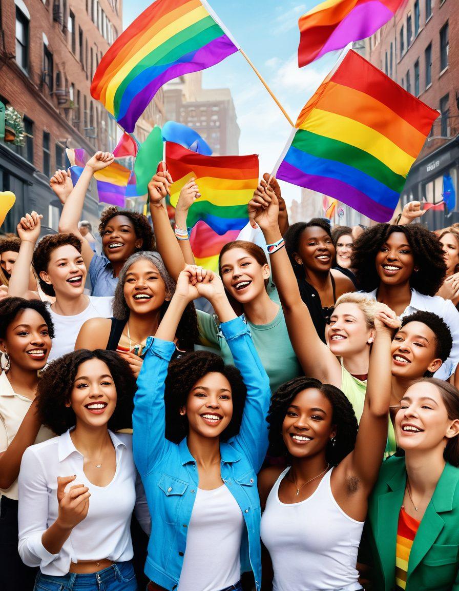 A vibrant gathering of diverse individuals celebrating lesbian identity, showcasing a range of skin tones and styles, intertwined with symbols of love and unity such as rainbow flags and hearts. Background filled with colorful banners representing LGBTQ diversity, blending seamlessly with elements of urban life. Warm, inviting atmosphere that radiates joy and acceptance. super-realistic. vibrant colors. 3D.